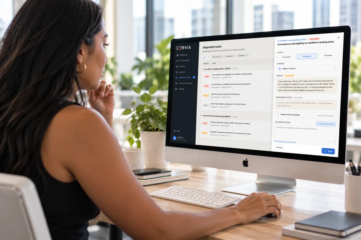 A team member reviewing Corvia alignment tasks on a desktop screen